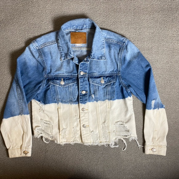 BBJ Los Angeles Jackets & Blazers - BBJ Los Angeles Two-Tone Blue & Cream Distressed Denim Jacket- Streetwear Cotton